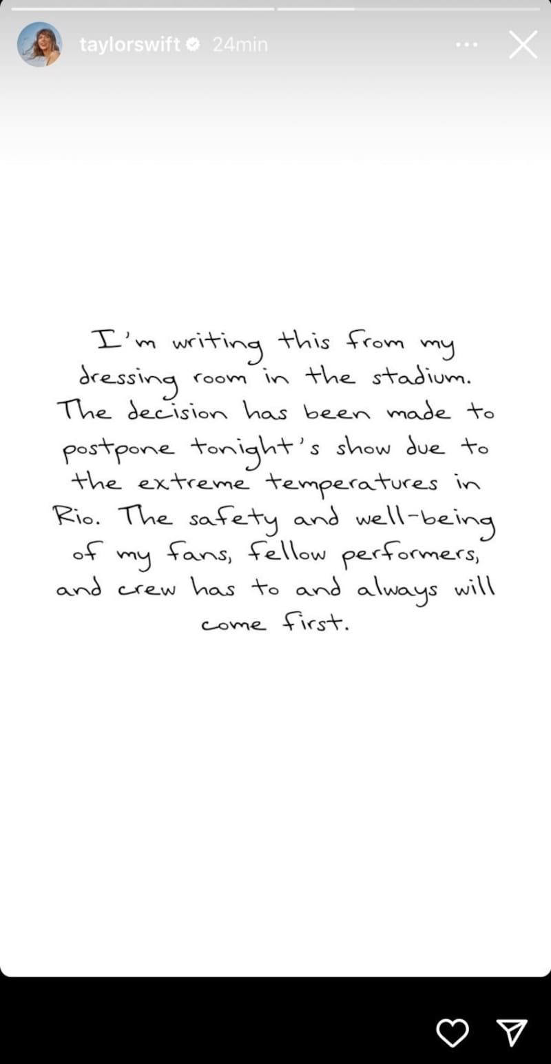 Taylor Swift a través de sus historias de Instagram anunciando la cancelación de su concierto de esta noche en Río de Janeiro.