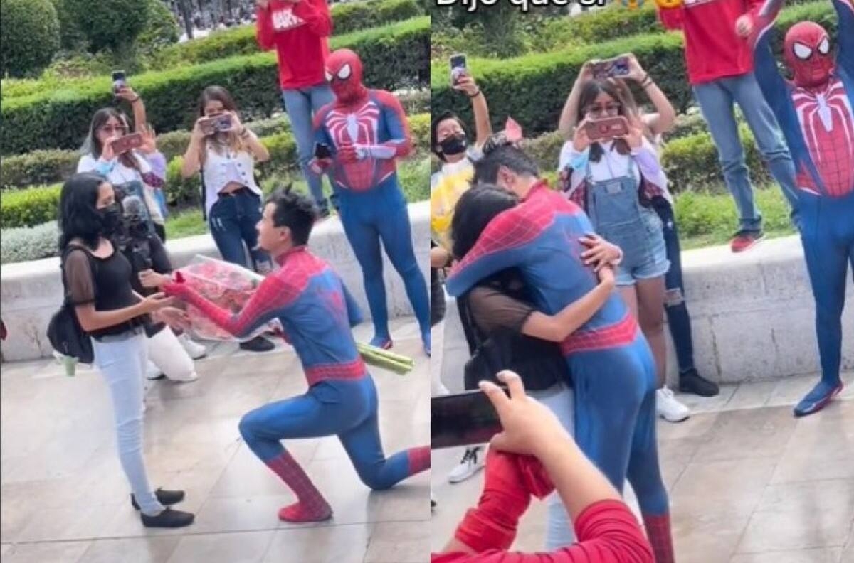 VIDEO | Joven pide matrimonio disfrazado de Spiderman y se hace viral