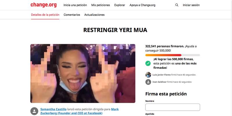 Petición masiva para cancela a Yeri Mua.