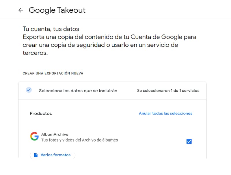 La herramienta Google Takeout te permitirá recuperar los Archivos de Álbumes? Créditos: Google.