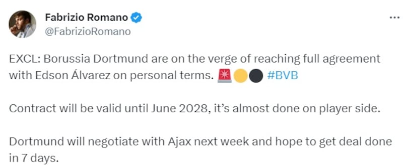 Borussia Dortmund espera llegar a un arreglo con el Ajax.