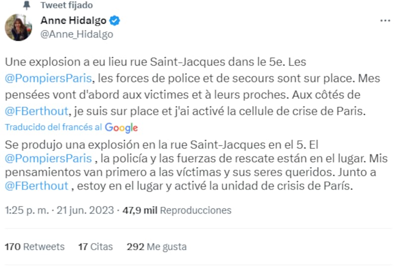 La alcaldesa de París se pronunció en sus redes. Créditos: @Anne_Hidalgo