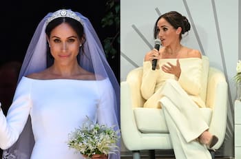 Meghan Markle canaliza su vestido de novia con hermoso look con el hombro al descubierto