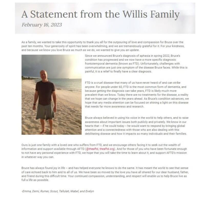 Por medio de la “Asociación para la Degeneración Frontotemporal”, la actriz comparte el diagnostico completo del actor, Bruce Willis