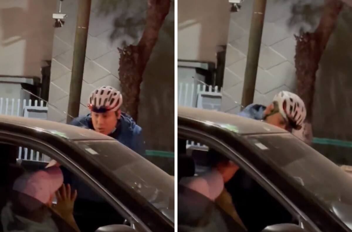 Ciclista es captado actuando de forma violenta contra un hombre y su automóvil