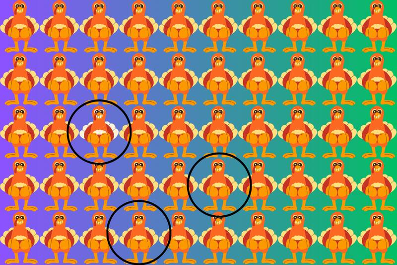 Estos son los tres pavos diferentes en este test visual.