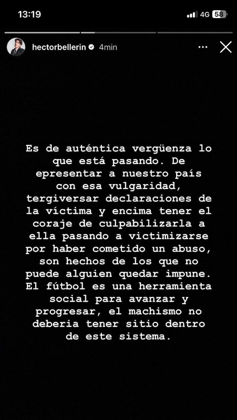 Héctor Bellerín escribió en sus historias de Instagram sobre la polémica de Luis Rubiales.