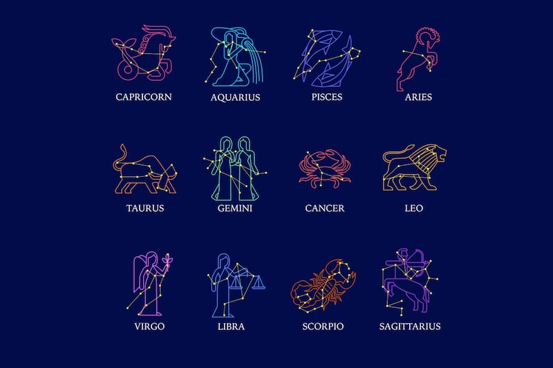 los doce signos zodiacales y sus respectivos símbolos.