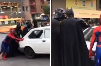 VIDEO| Héroes y villano se unen para empujar carro descompuesto y se viralizan