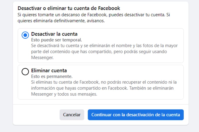 ¿Cómo eliminar la cuenta desde un computador?. Créditos: Captura Facebook