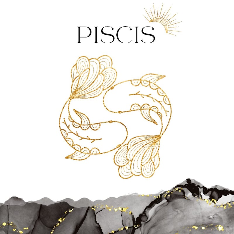 Palabra 'PISCIS' en letras grandes y negras en el centro. Debajo, símbolo del signo de Piscis: dos peces nadando en sentido contrario en dorado.