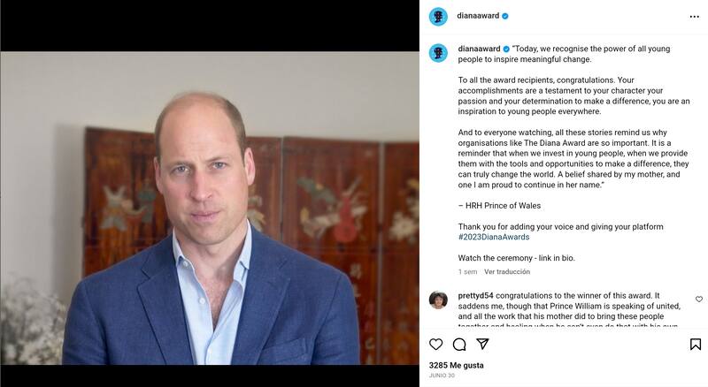 El heredero al trono emitió un mensaje para felicitar a los ganadores del Premio Diana.