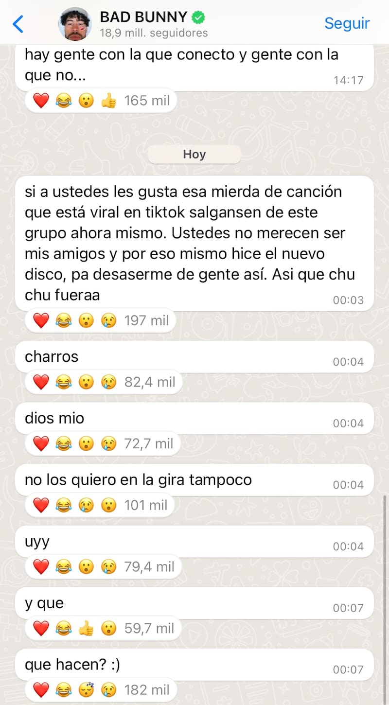 El mensaje de Bad Bunny. Foto: WhatsApp.