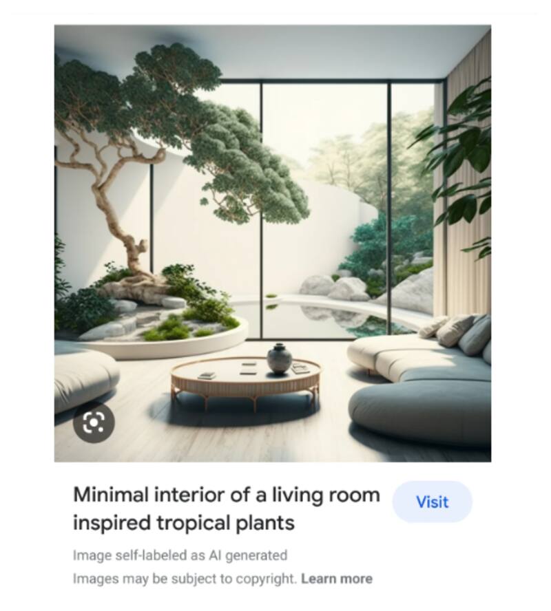 Un ejemplo de cómo se verán las descripciones en imágenes etiquetadas como generadas por IA. Foto: Google.