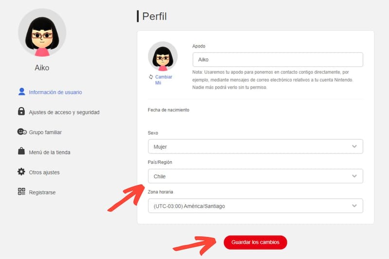 Escoge el país al que quieras cambiarte y guarda los cambios. Créditos: Nintendo