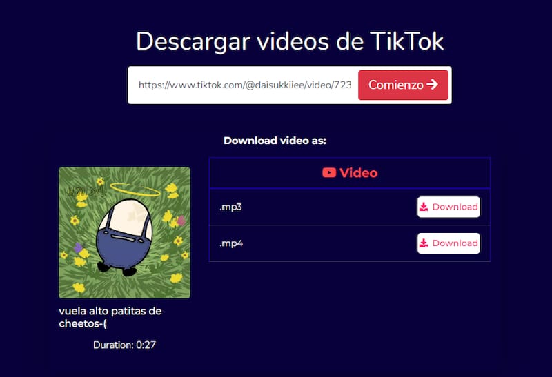 Aquí también podrás convertir tu video de TikTok a MP3. Créditos: SSYoutube.