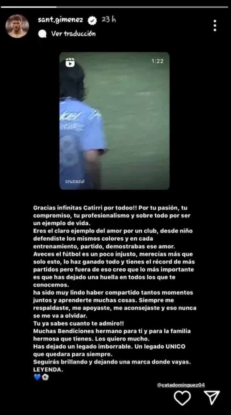 Santiago Giménez cuestionó la decisión de la directiva de Cruz Azul tras la salida del 'Cata' Domínguez. (Instagram)