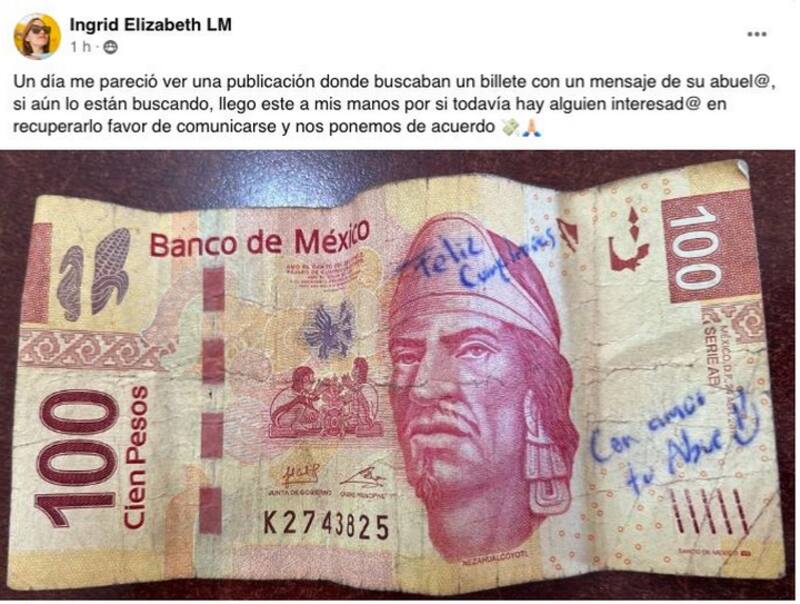 Este es la publicación que dejó Ingrid Elizabeth con el fin de dar con el propietario del billete
