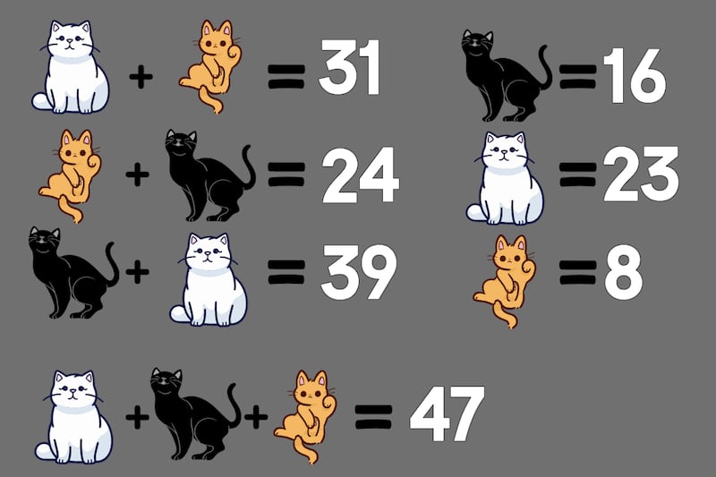 En este test visual hay que intentar descifrar el valor de cada gato y luego la suma de los tres.