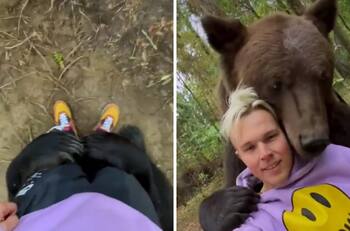 VIDEO| Hombre es abrazado por oso y se hacen virales ¡Ternuritas!