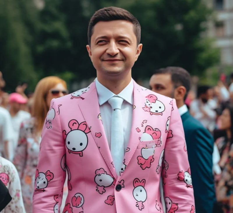 Volodímir Zelenski, presidente de Ucrania, con traje de Hello Kitty