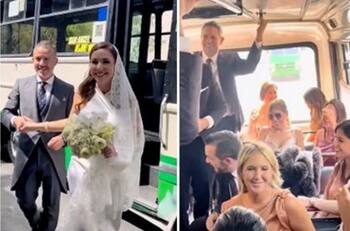 FOTOS | Pareja se hace viral por contratar micros para su boda