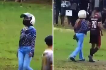 VIDEO| Mujer se lleva a su novio en pleno partido de futbol y se viraliza