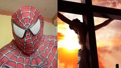 VIDEO | Hombre con disfraz de Spider-Man se hace viral al irrumpir en la crucifixión de Cristo