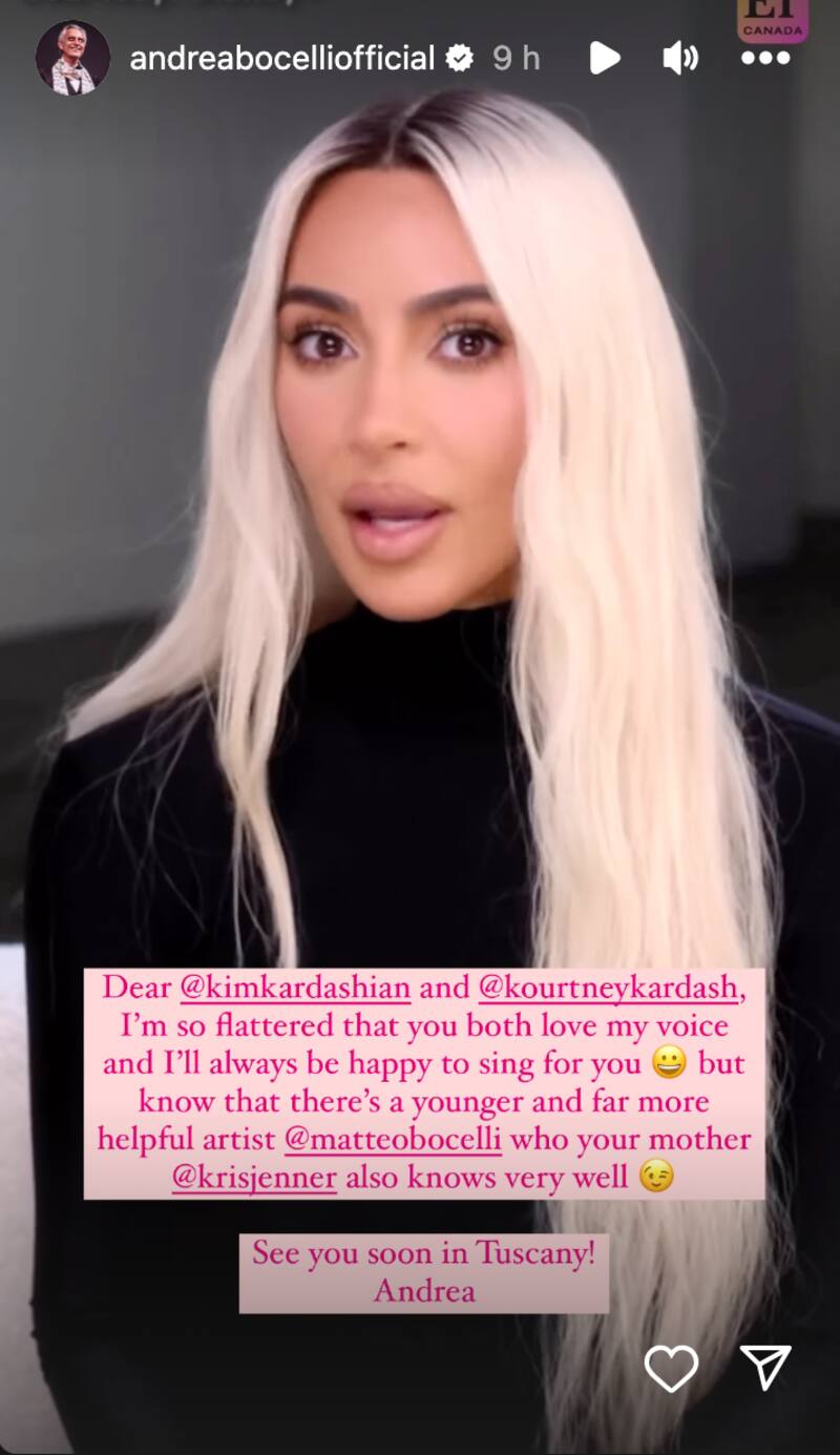 Andrea Bocelli respondió a la polémica pelea de Kim y Kourtney Kardashian