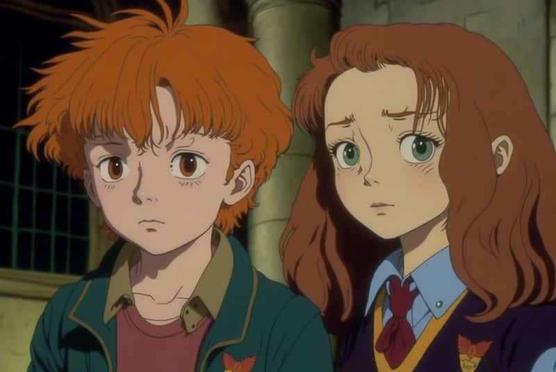 Ron Weasley y Hermione Granger por Studio Ghibli, según la Inteligencia Artificial.