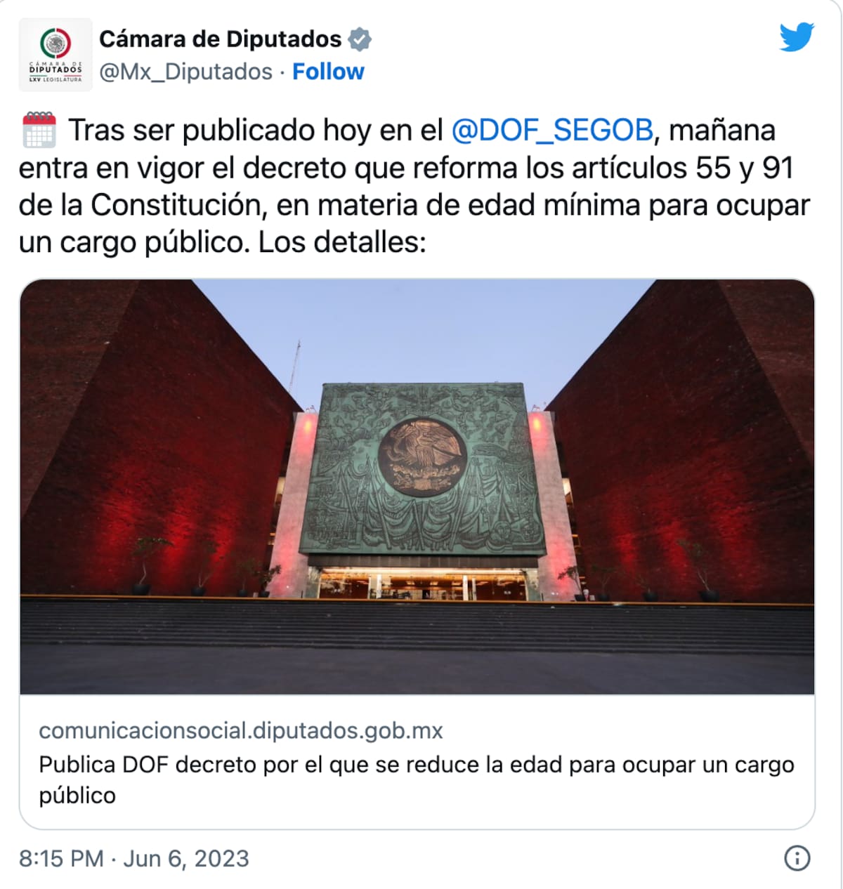 Se reformaron los artículo 55 y 91 de la Constitución.