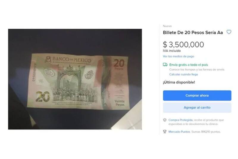 Billete de 20 pesos es vendido en más de 3 millones a través de Mercado Libre
