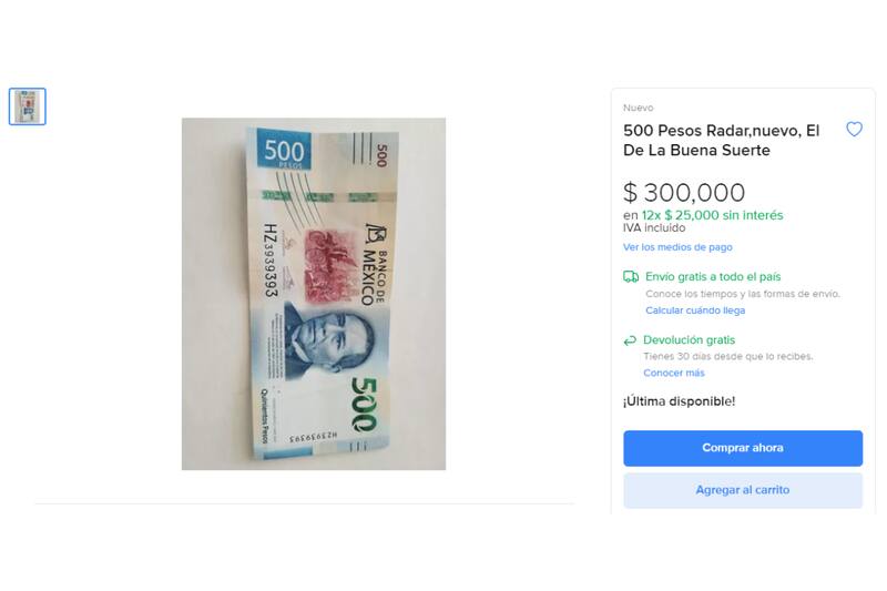 Publicación del vendedor del Billete de 500 pesos ofertado en 300 mil