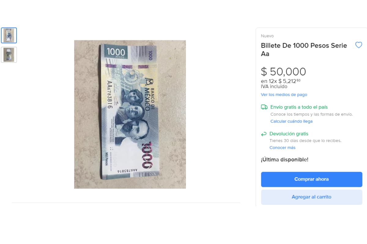Oferta de Mercado Libre del billete de mil en 50 mil pesos