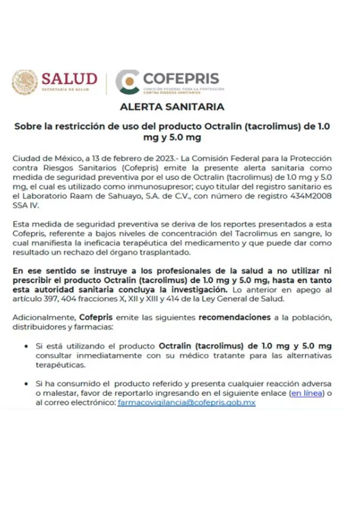 Este es el comunicado que emitió Cofepris sobre la ineficacia del Octralin