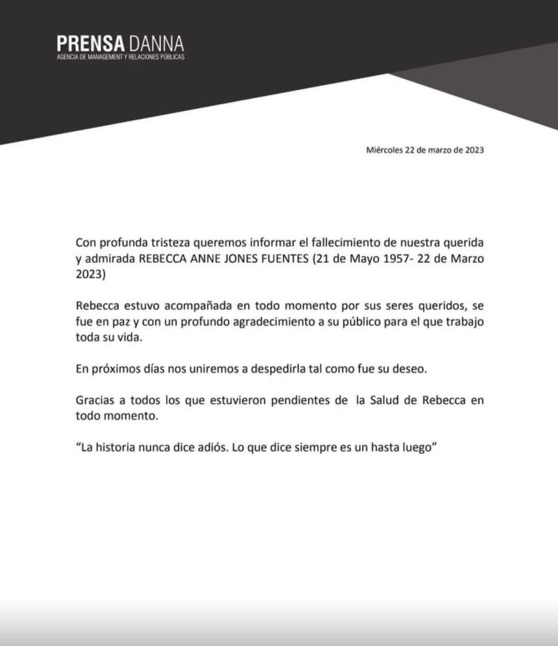 La actriz falleció esta madrugada del 22 de marzo
