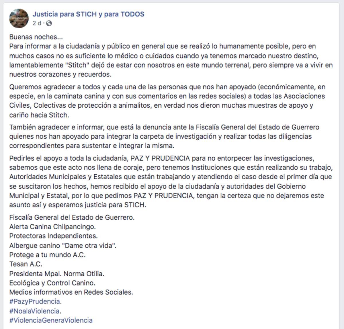 Comunicado de la página que busca justicia para Stich
