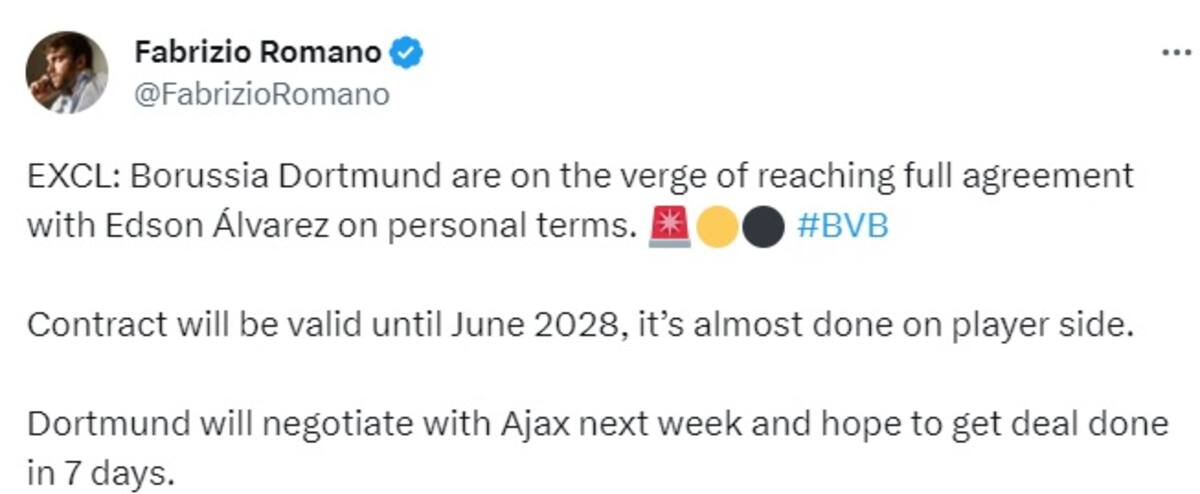 Borussia Dortmund espera llegar a un arreglo con el Ajax.
