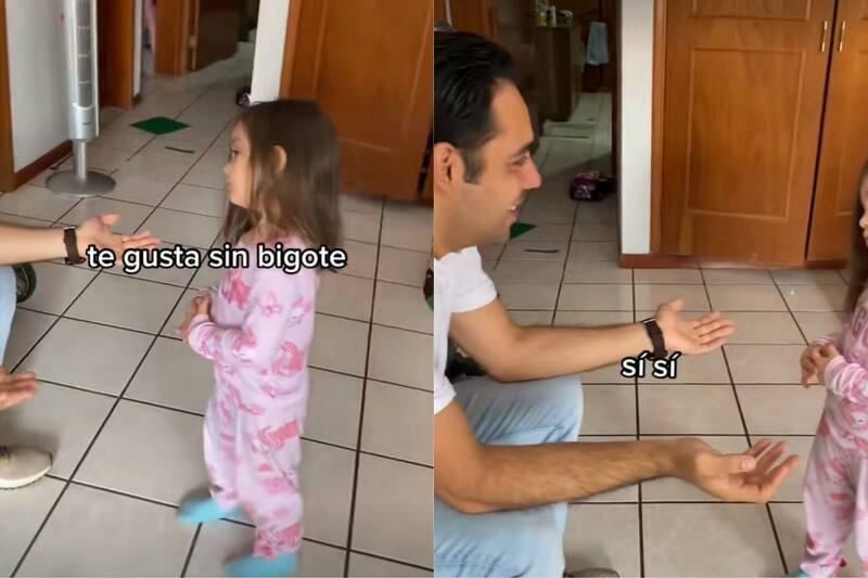 Pequeña muestra su gran disgusto al ver a su padre sin bigote por primera vez de su existencia.