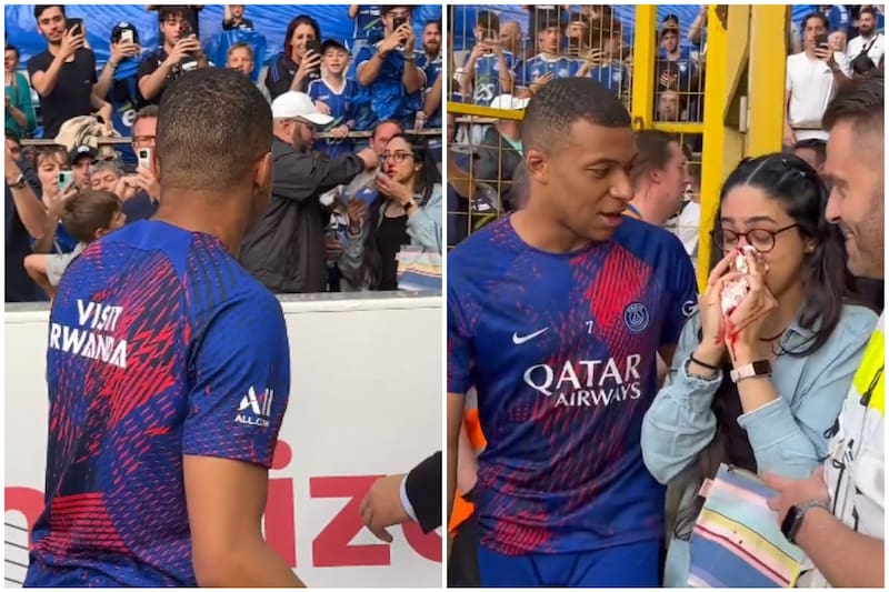 Kylian Mbappé con la aficionada que dejó sangrando antes del partido entre Estrasburgo y PSG