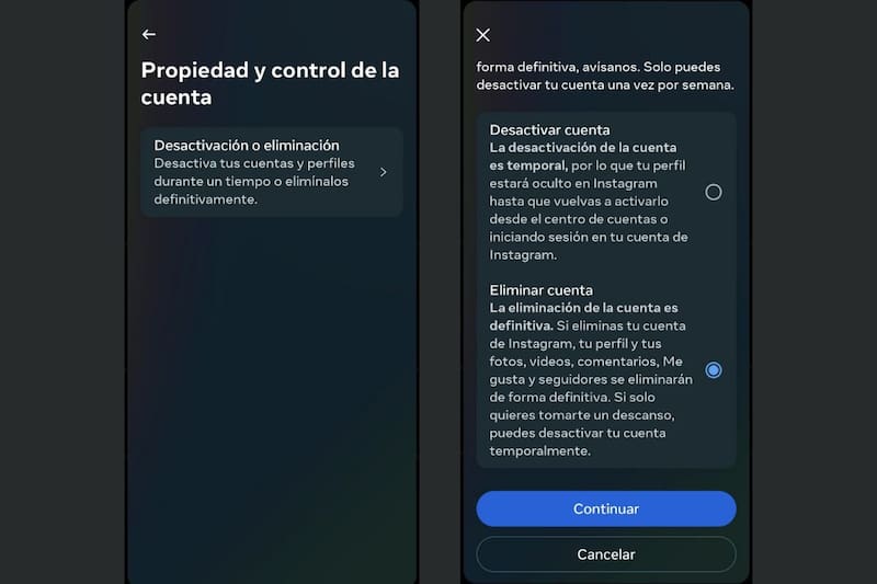 Deberás seleccionar la opción de "Eliminar cuenta" en Instagram.