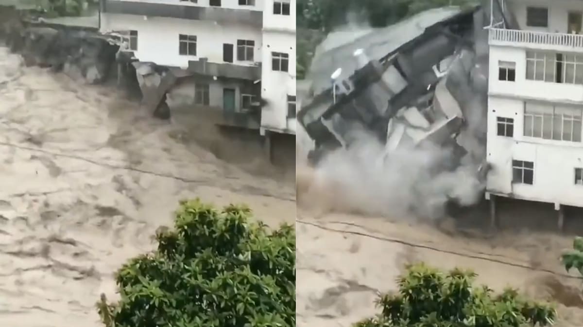 VIDEO | Edificio colapsa por inundaciones en China