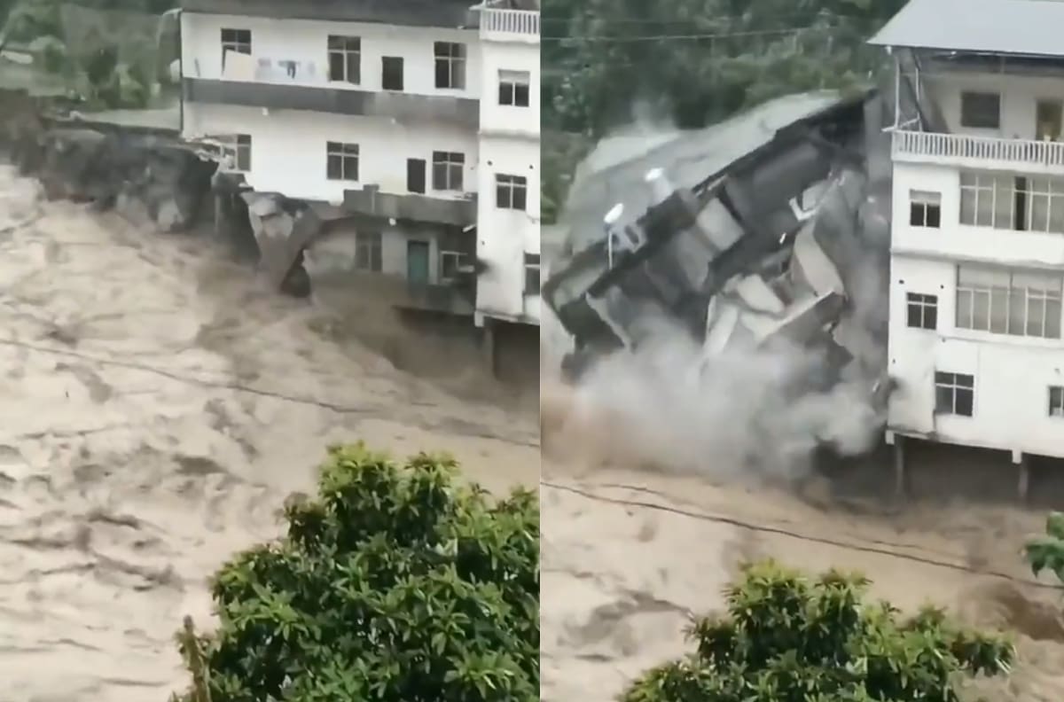 VIDEO | Edificio colapsa por inundaciones en China