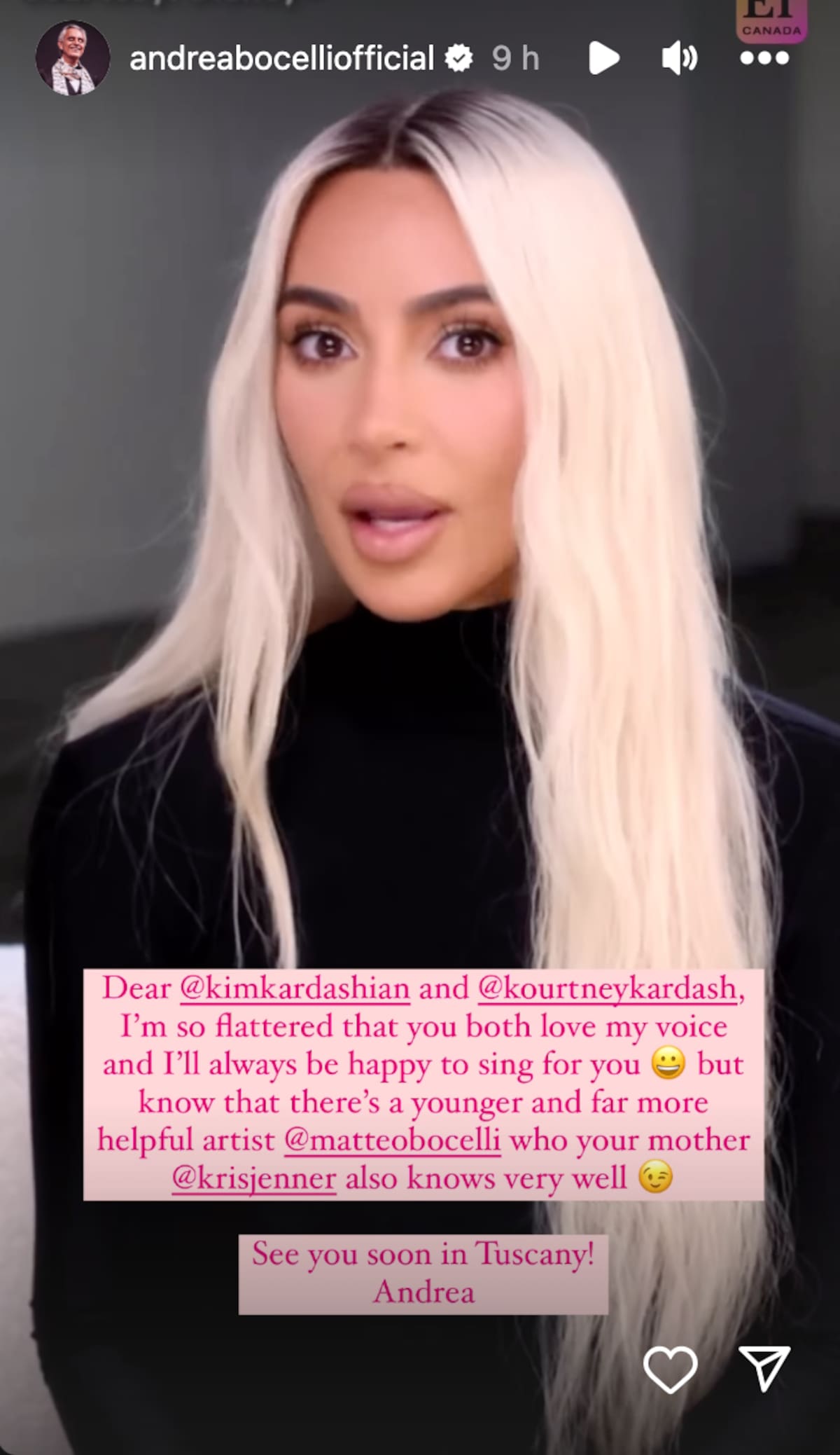 Andrea Bocelli respondió a la polémica pelea de Kim y Kourtney Kardashian