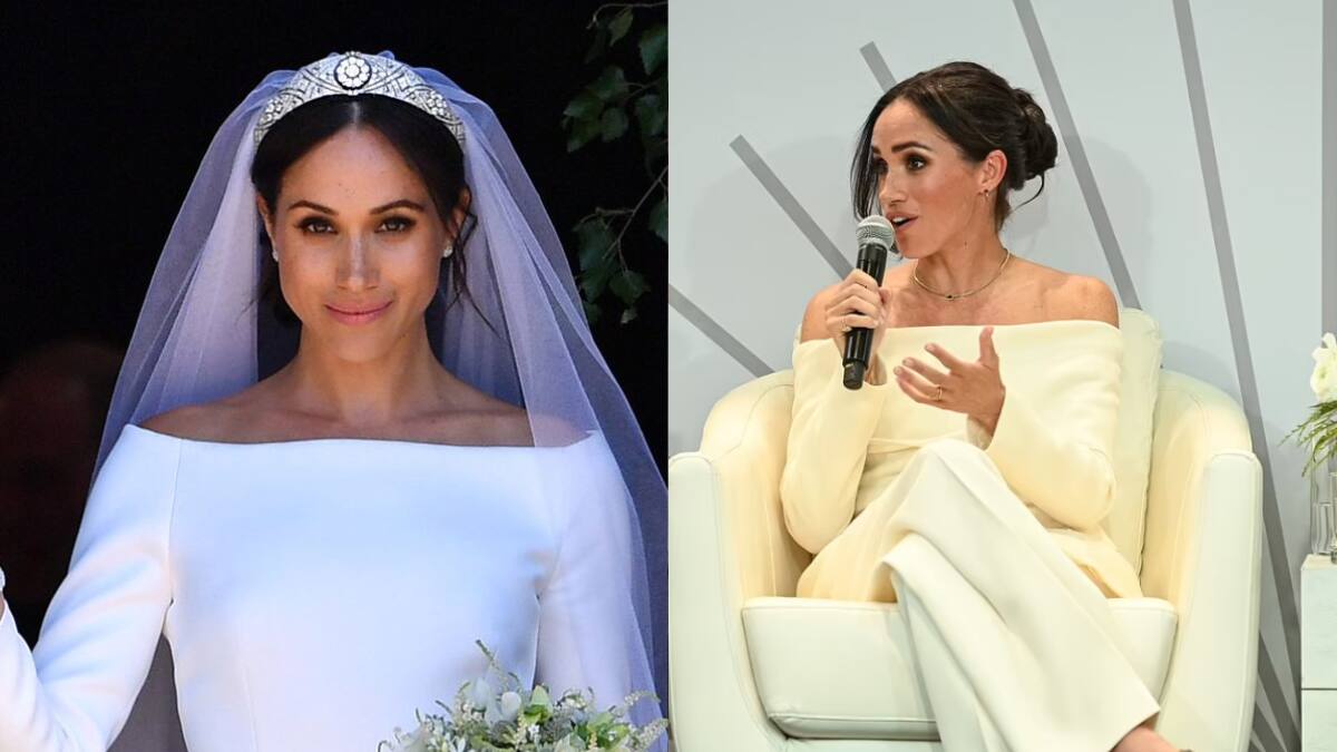 Meghan Markle canaliza su vestido de novia con hermoso look con el hombro al descubierto