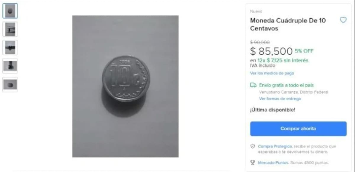 Esta moneda puede valer hasta 85 mil pesos (Foto: Mercado Libre).