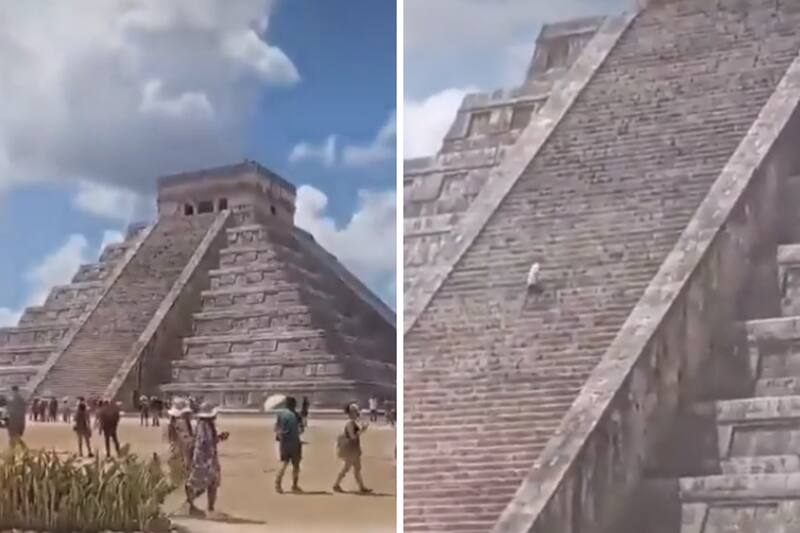 Turista sube a pirámide de Chichén Itzá.
