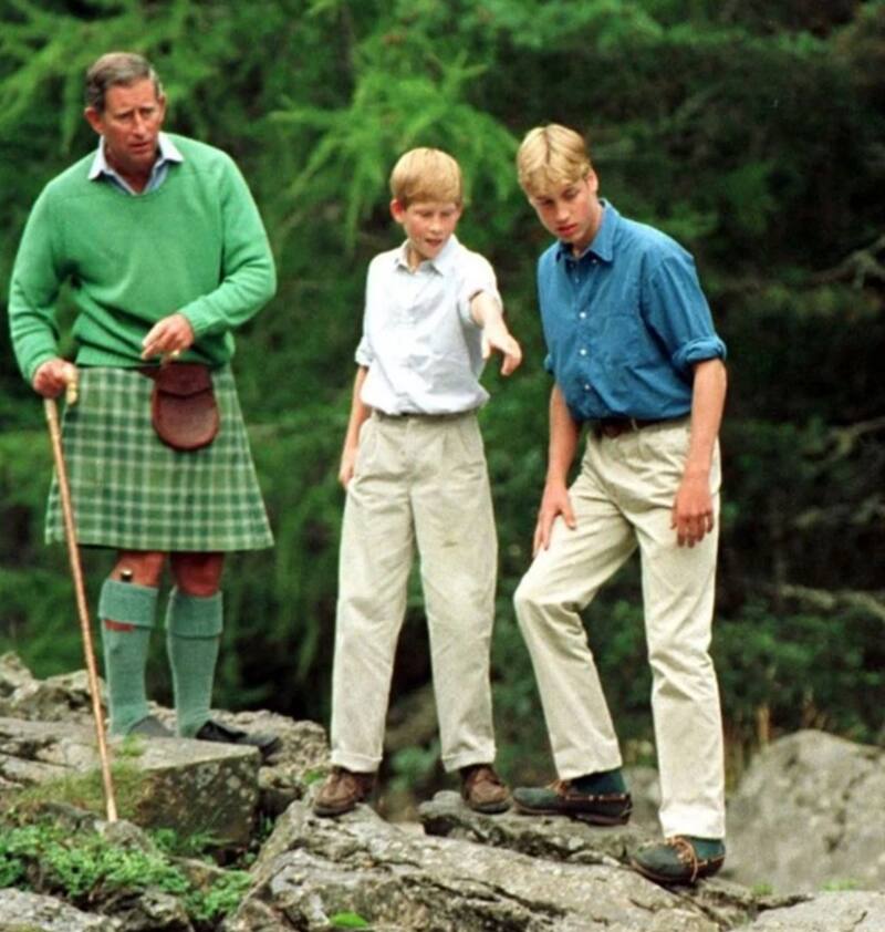 Rey Carlos y sus hijos: Harry y William de jovenes