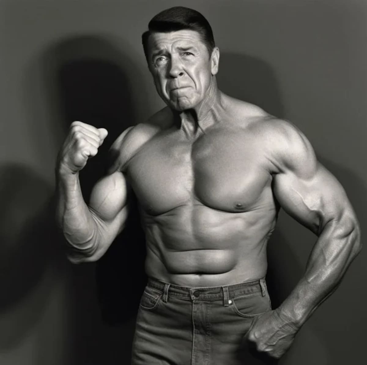 Ronald Reagan con cuerpo atlético, según la IA.