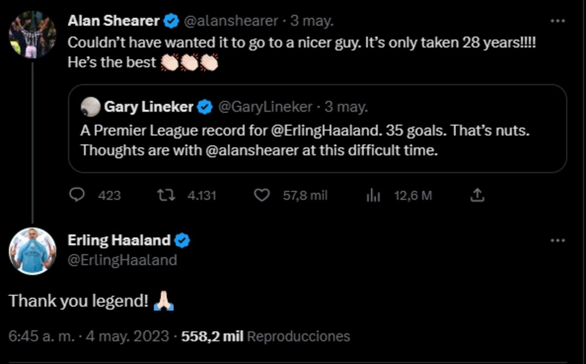 Cariñoso intercambio entre Erling Haaland y Alan Shearer en Twitter